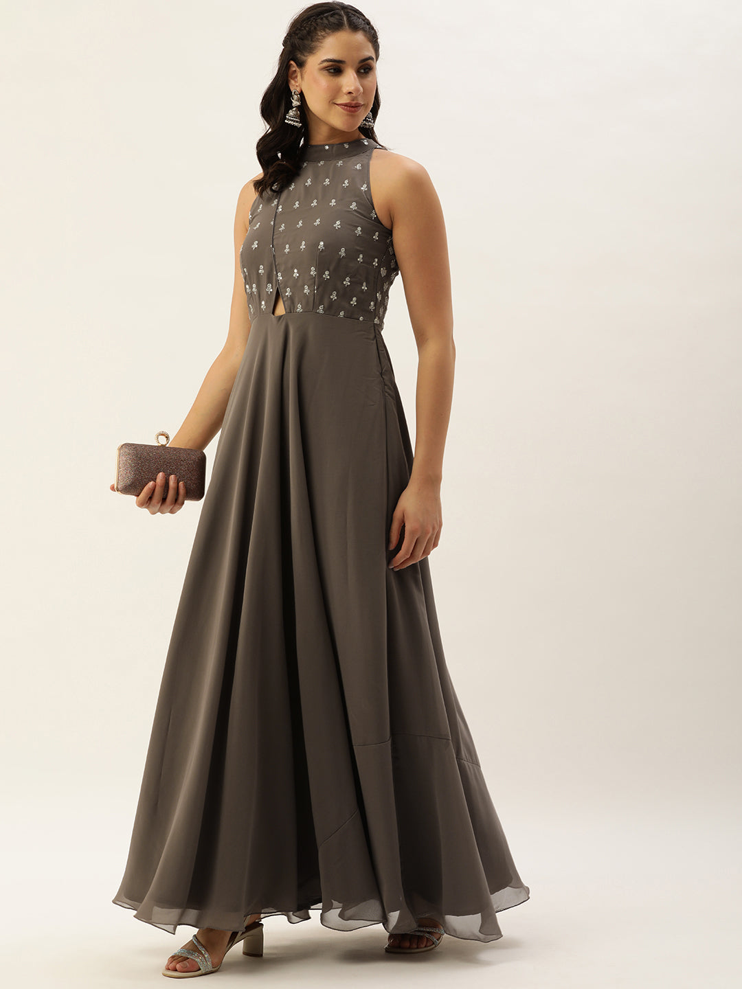 Bollywood Vogue Ready To Wear Grey Embroidered Halter Neck Gown - Detail View