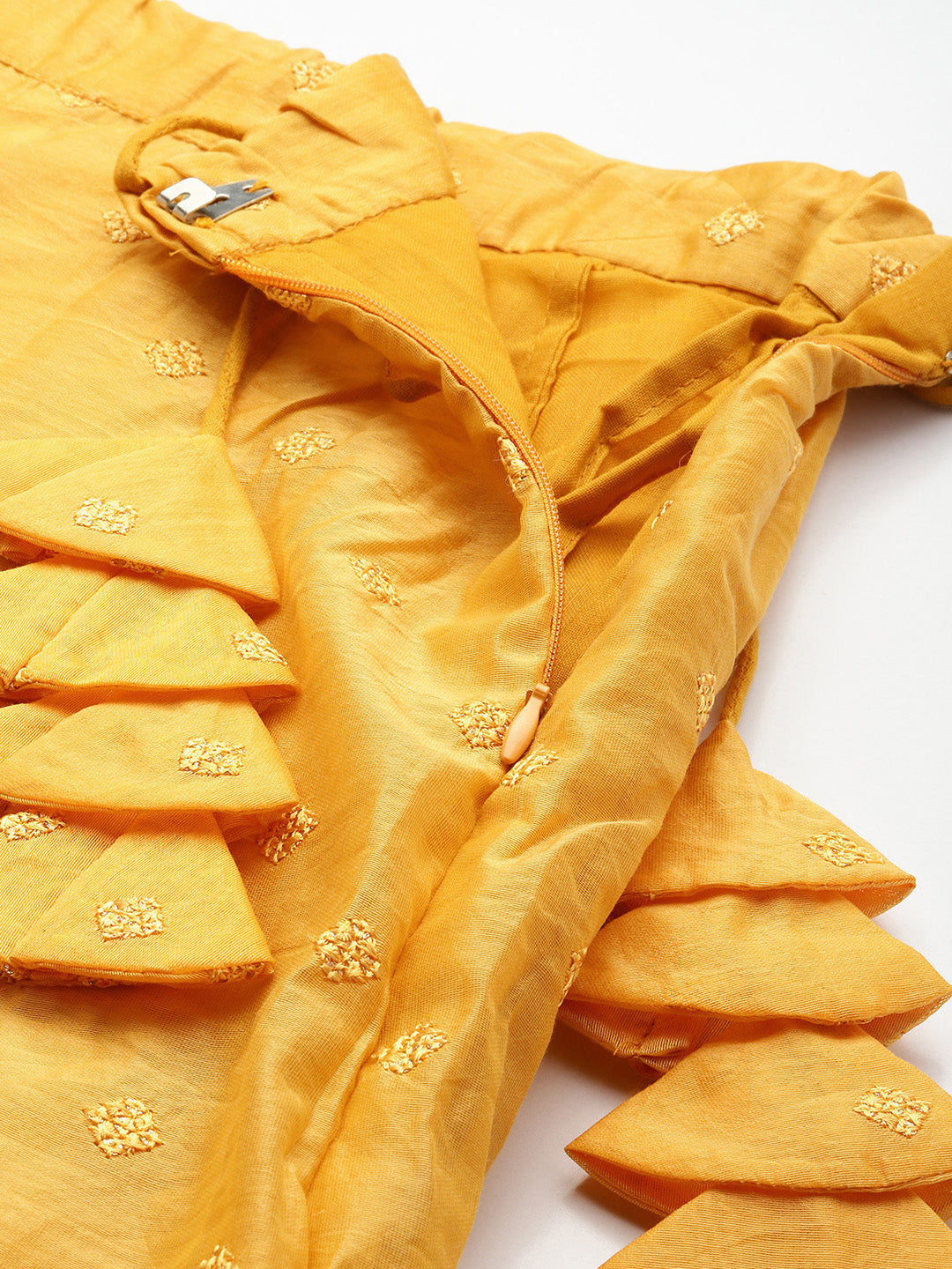 Bollywood Vogue Ready To Wear Off White N Mustard Embroidered Cotton Lehenga Set - Look Shot
