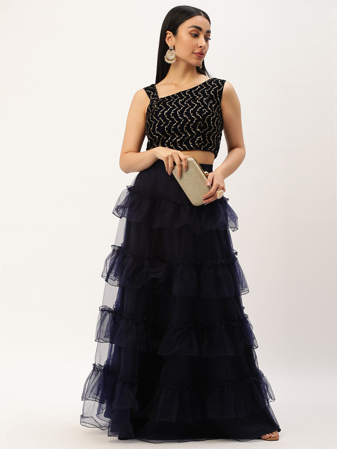 Bollywood Vogue Ready To Wear Blue Velvet Embroidered Crop Top N Blue Skirt Set - Look Shot
