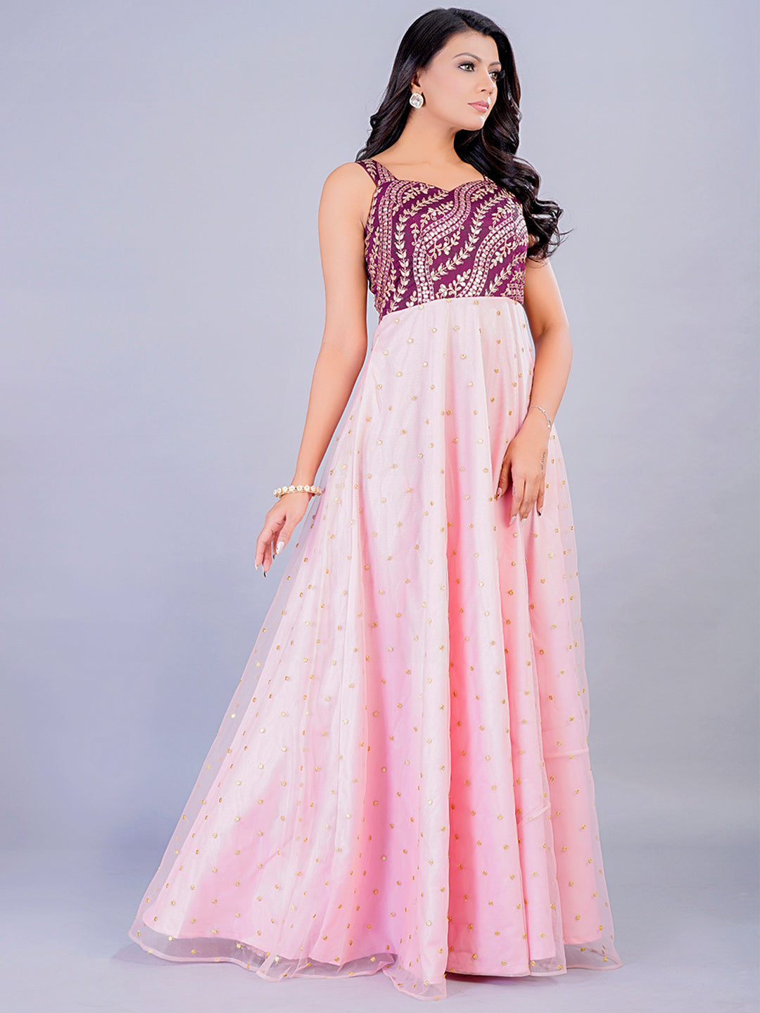 Bollywood Vogue Ready To Wear Wine Chinon N Pink Net Embroidered Gown With Cape - Side View