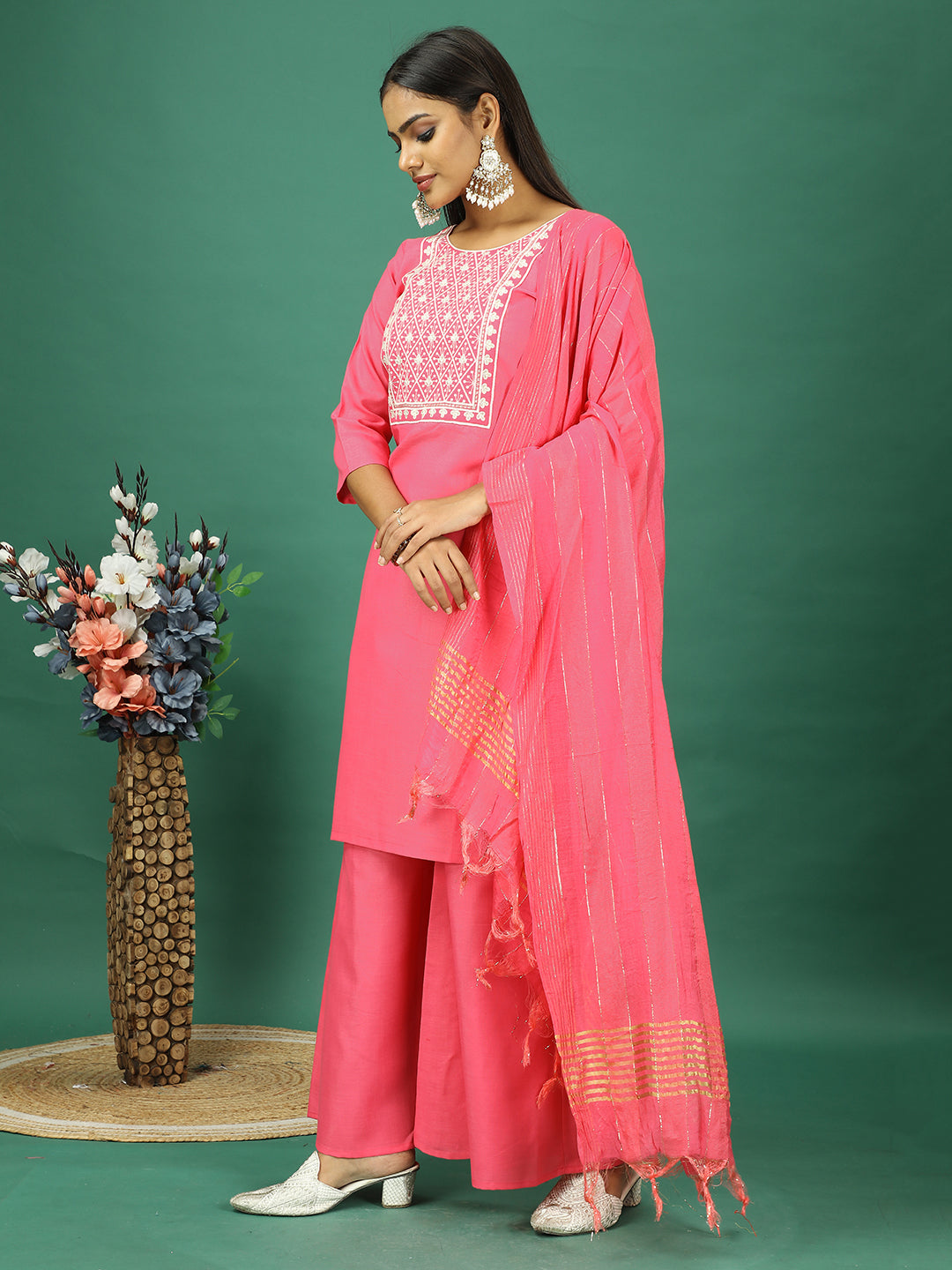 Bollywood Vogue Ready To Wear Peach Rayon Embroidered Palazzo Suit - Additional View 2