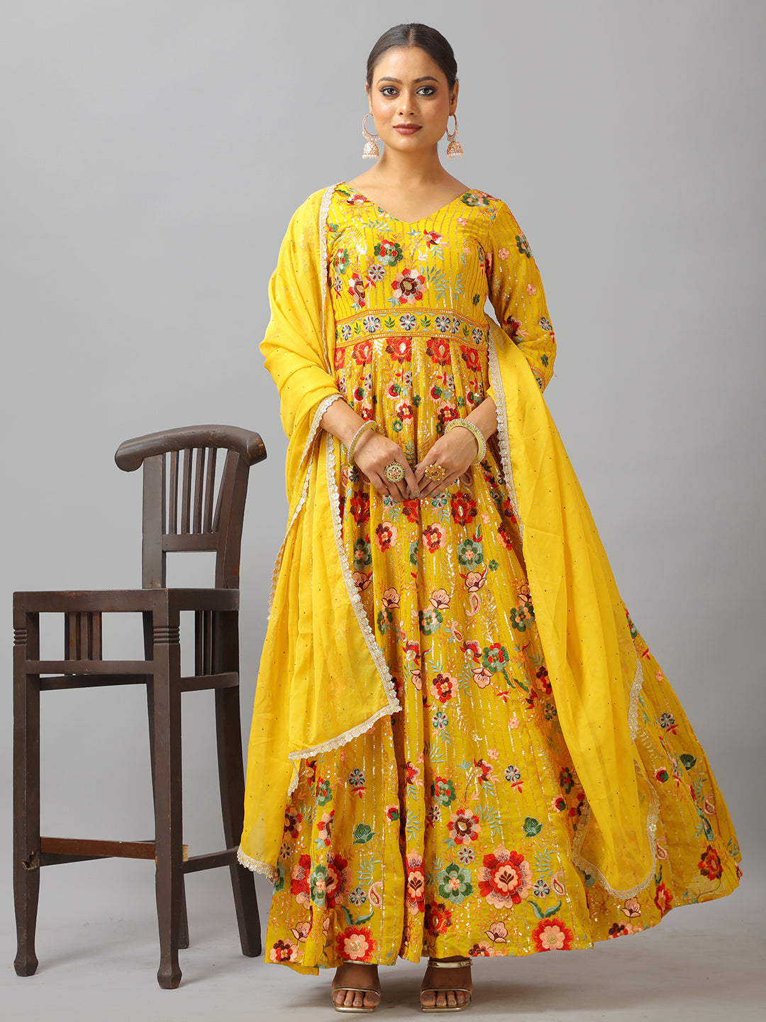Bollywood Vogue Ready To Wear Classic Top N Mustard Embroidered Anarkali Suit - Front View