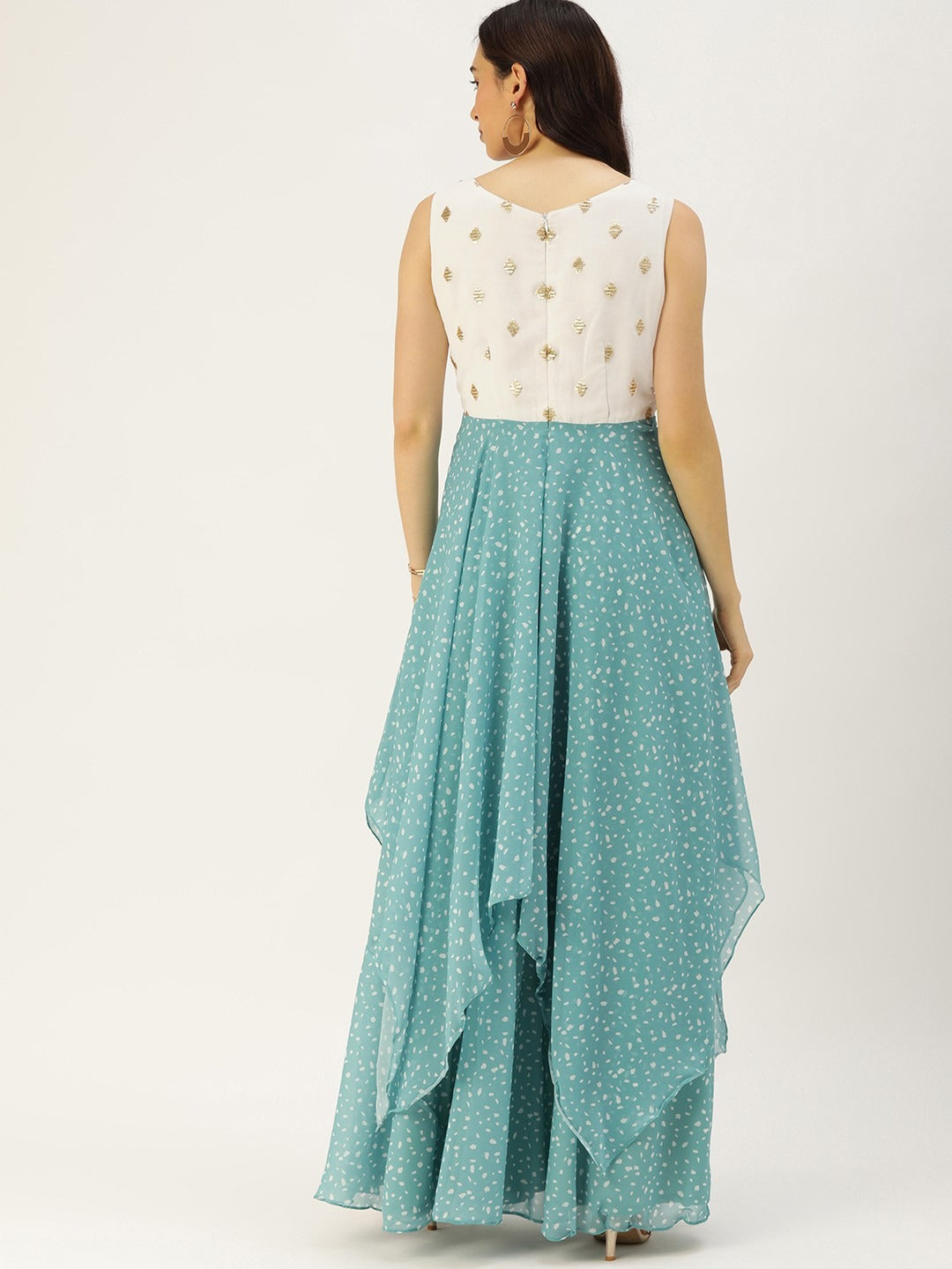 Bollywood Vogue Ready To Wear Blue N White Georgette Handkerchief Style Gown - Back View