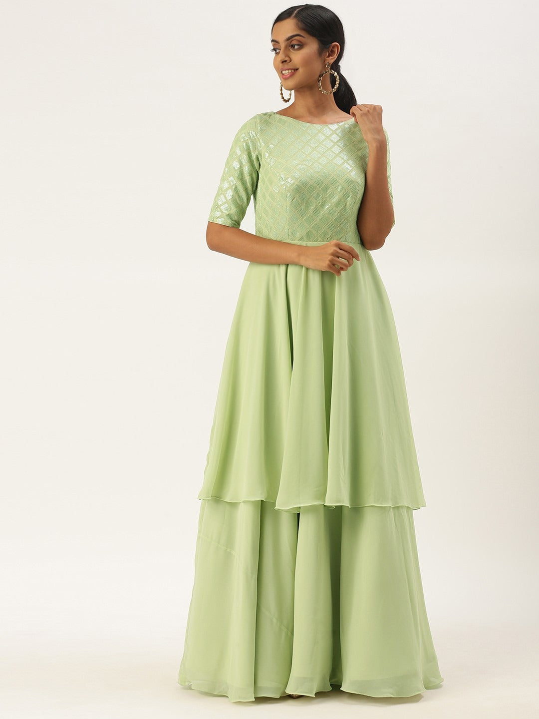 Bollywood Vogue Ready To Wear Green Georgette Embroidered Layered Gown - Front View