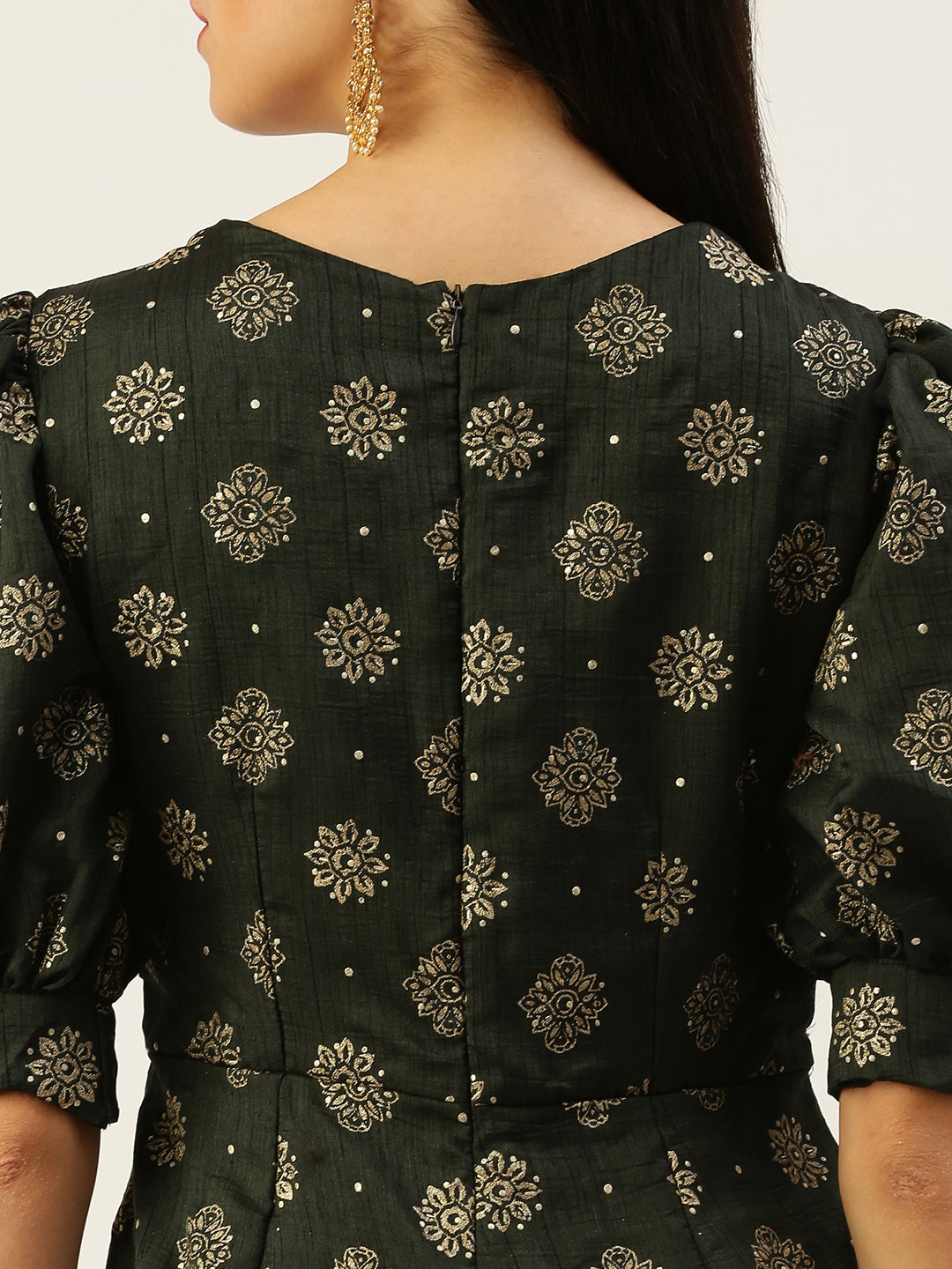 Bollywood Vogue Ready To Wear Green Art Silk Foil Print Jumpsuit - Look Shot
