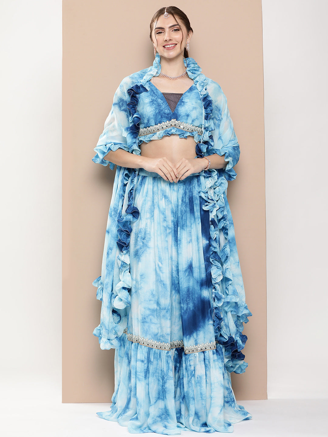 Bollywood Vogue Ready To Wear Multicolored Tie Dye Chinon Lehenga Set - Side View