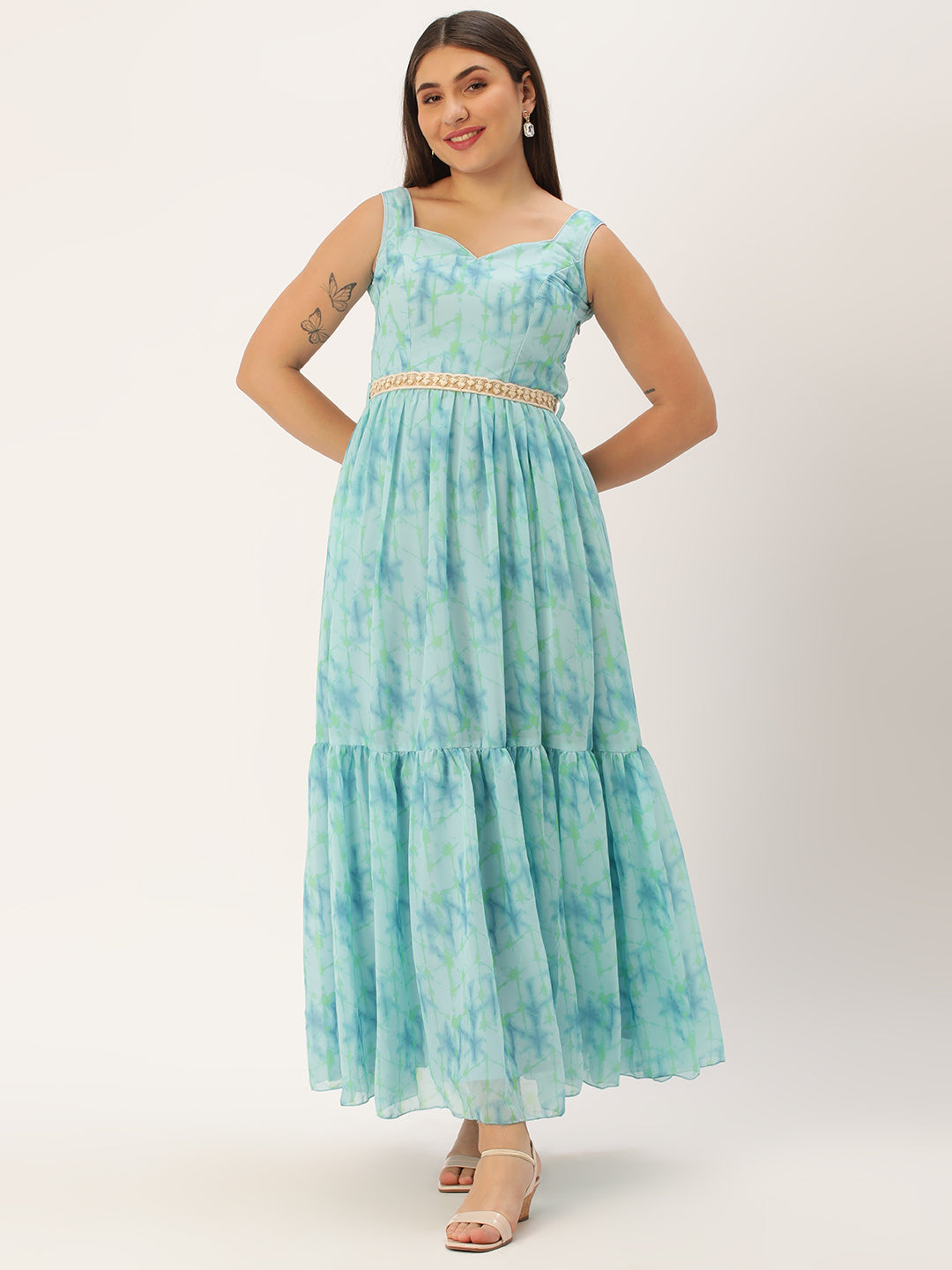 Bollywood Vogue Ready To Wear Blue Digital Print Tiered Dress - Front View