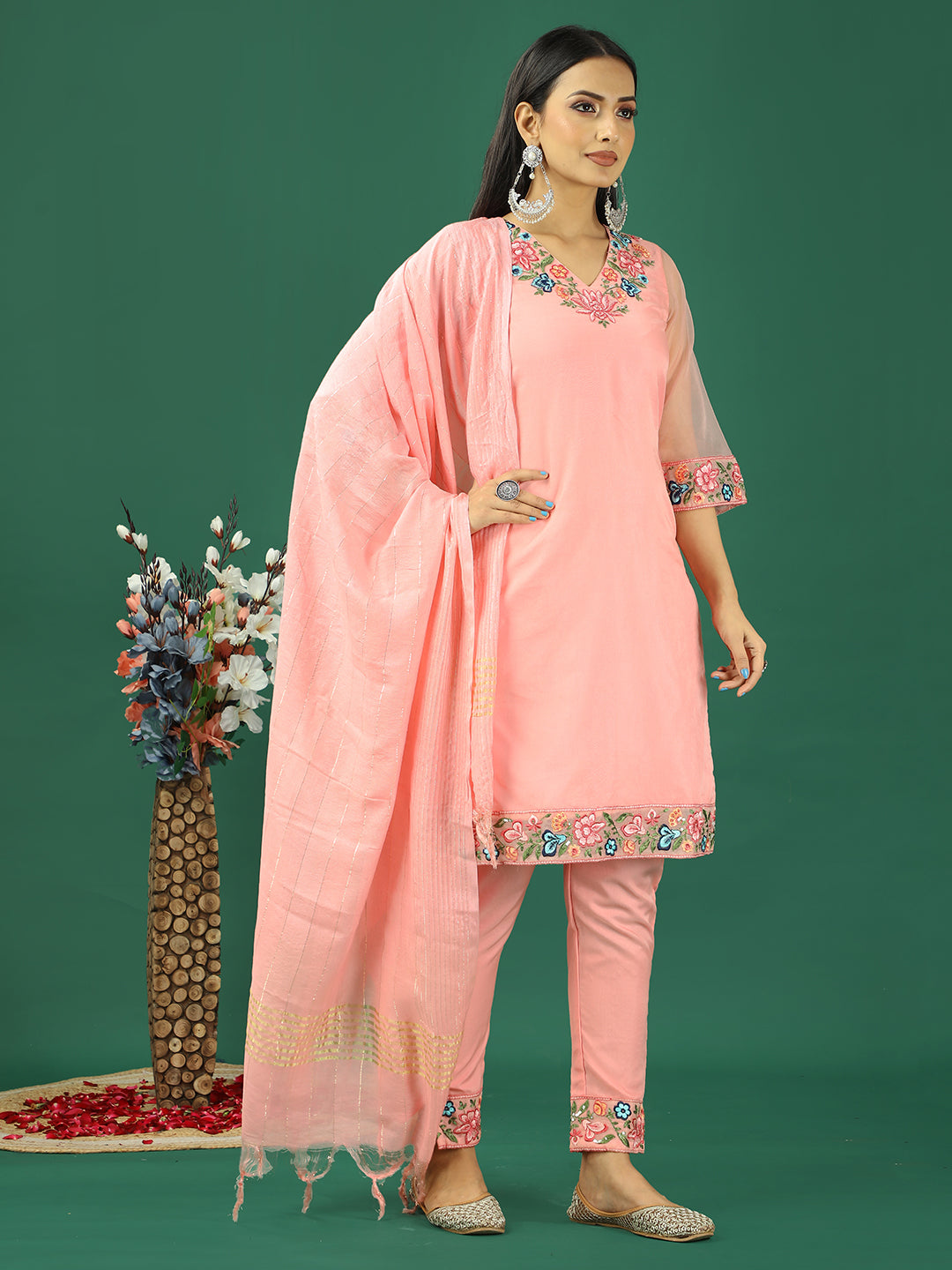 Bollywood Vogue Ready To Wear Pink Organza Embroidred Straight Pant Suit - Side View