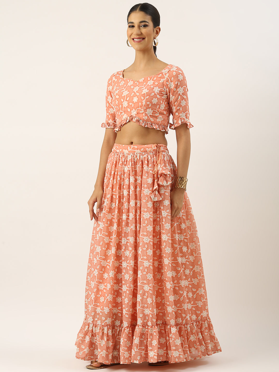 Bollywood Vogue Ready To Wear Peach Embroidered Georgette Lehenga Set - Side View