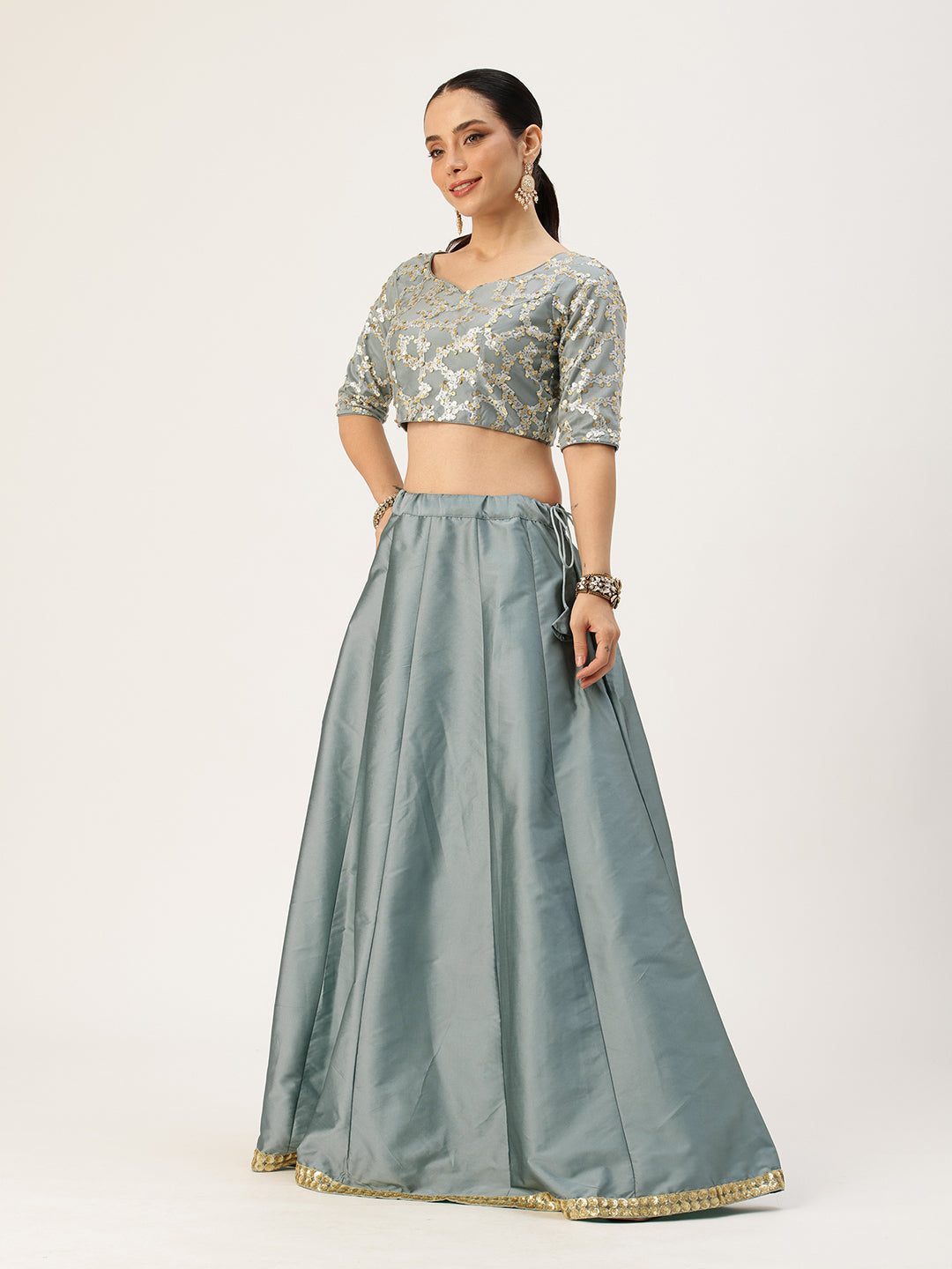 Bollywood Vogue Ready To Wear Blue Embroidered Net And Taffeta Kali Lehenga Set - Side View
