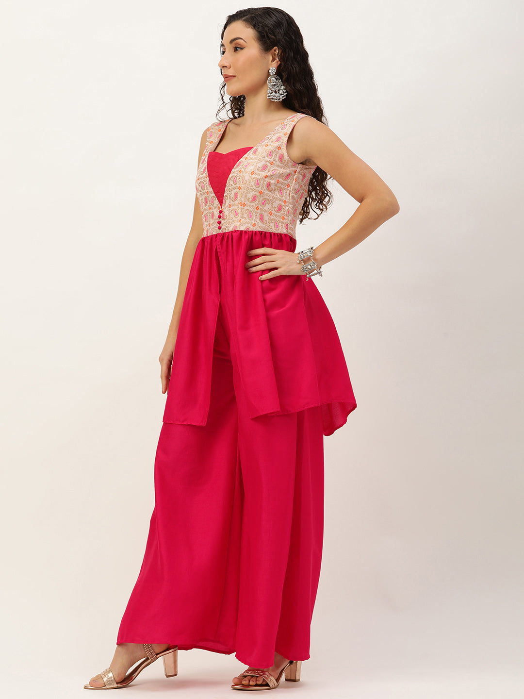 Bollywood Vogue Ready To Wear White Tie N Dye Nylon N Pink Kurta Set - Side View