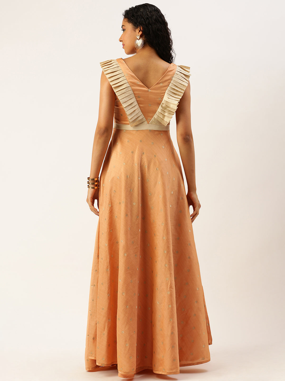Bollywood Vogue Ready To Wear Peach Art Silk Jacquard Ruffled Dress - Back View
