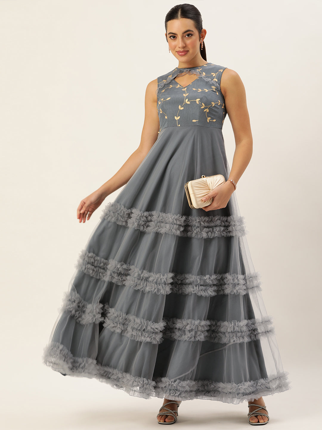 Bollywood Vogue Ready To Wear Grey Embroidered Chinon N Net Gown - Front View