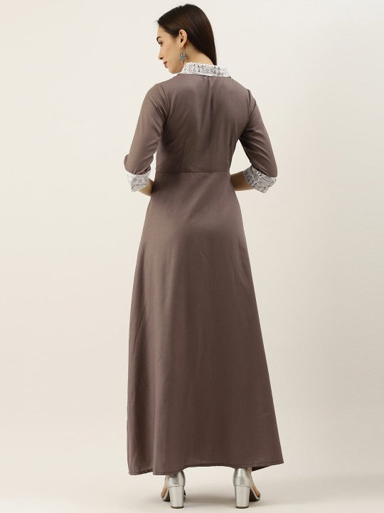 Bollywood Vogue Ready To Wear Brown N White Rayon Shirt Dress - Back View
