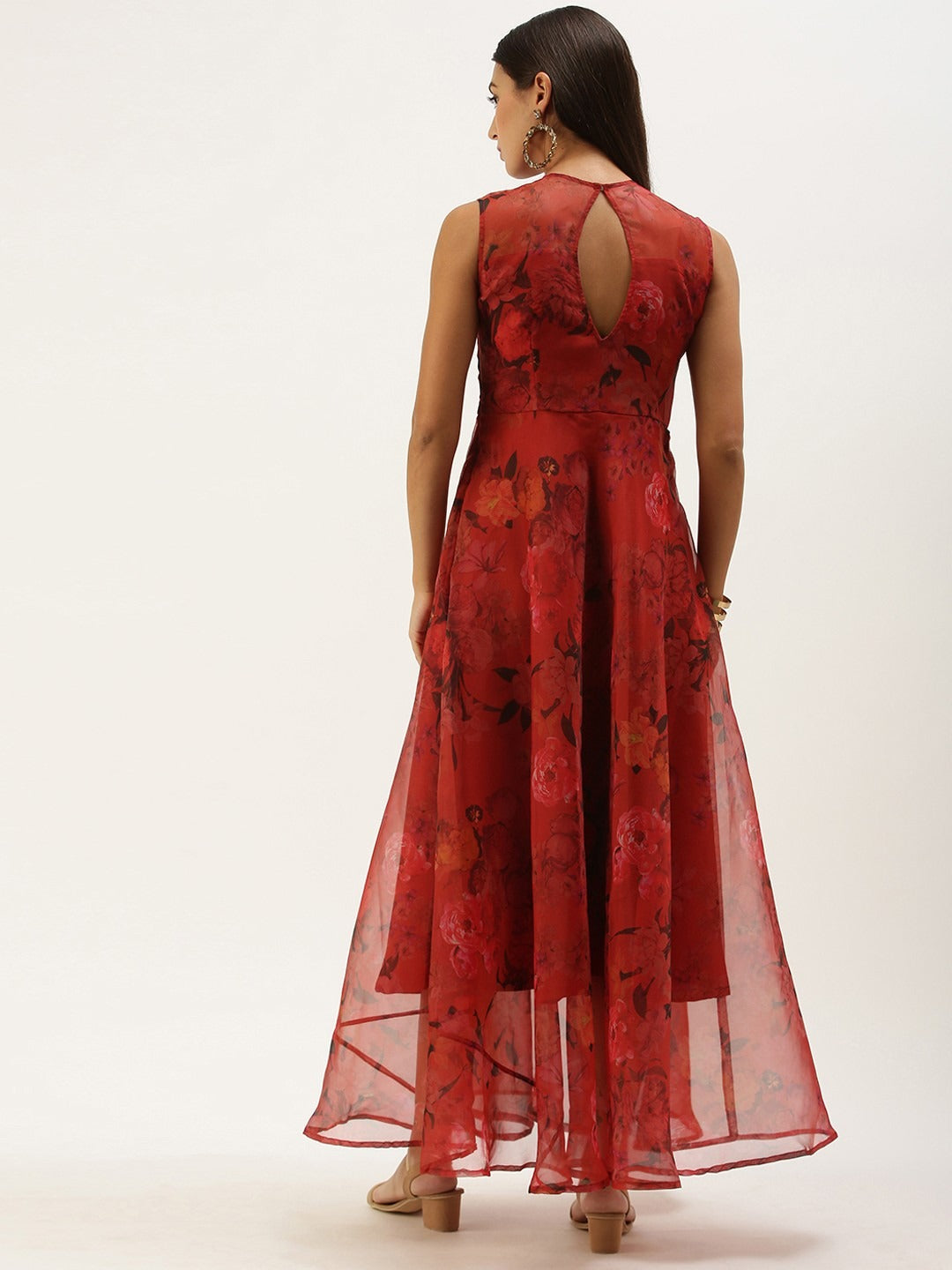 Bollywood Vogue Ready To Wear Red Organza Digital Printed Dress - Back View