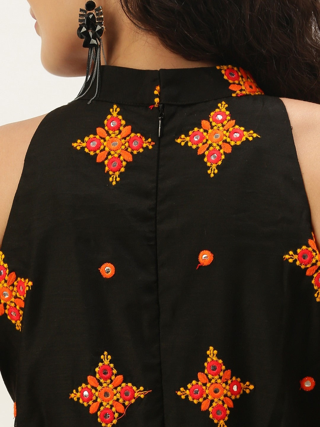 Bollywood Vogue Ready To Wear Black Embroidered Halter Neck Embellished Gown - Detail View