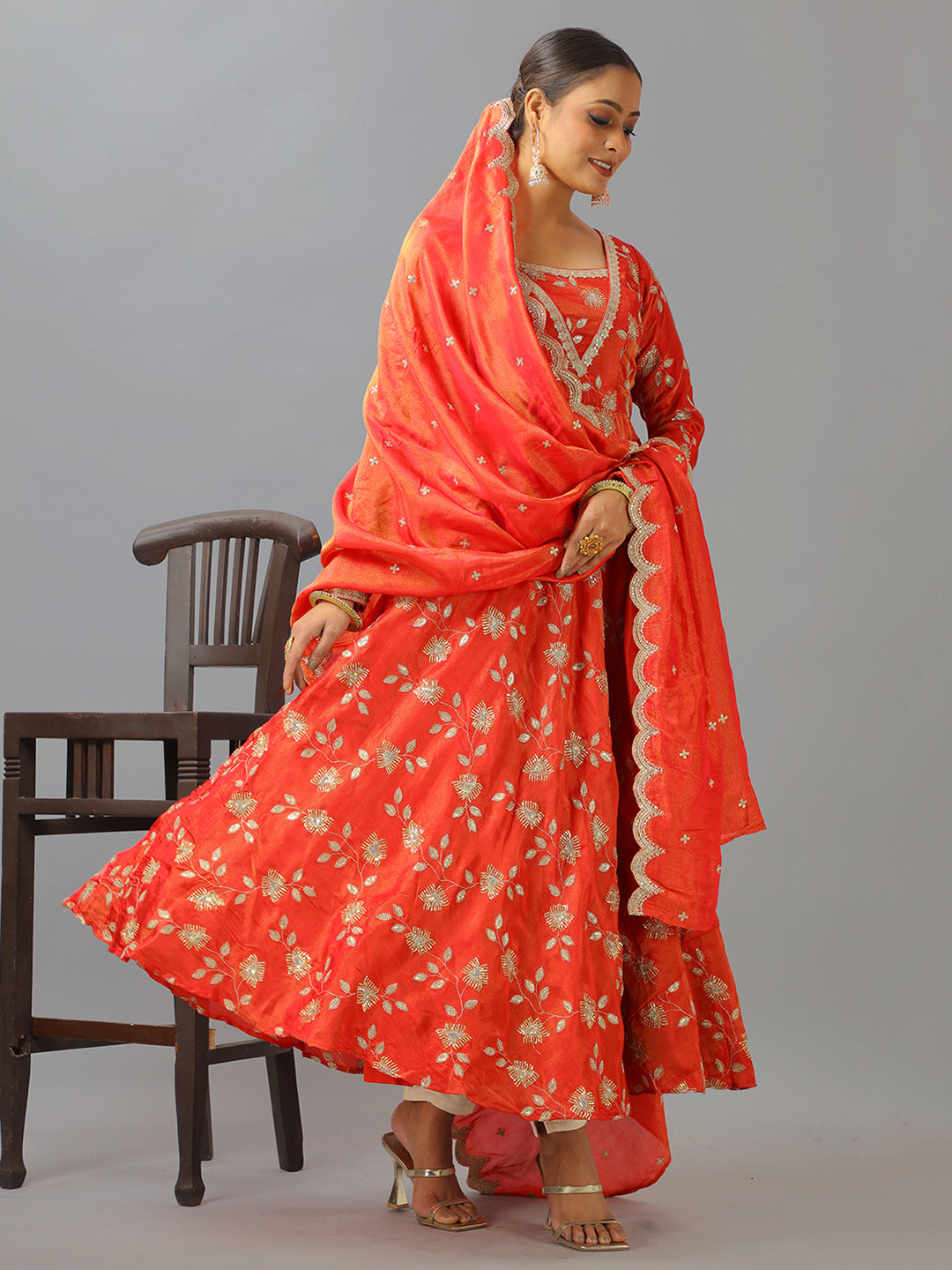 Bollywood Vogue Ready To Wear Red Dual Tone Viscose Embroidered Anarkali Suit - Side View