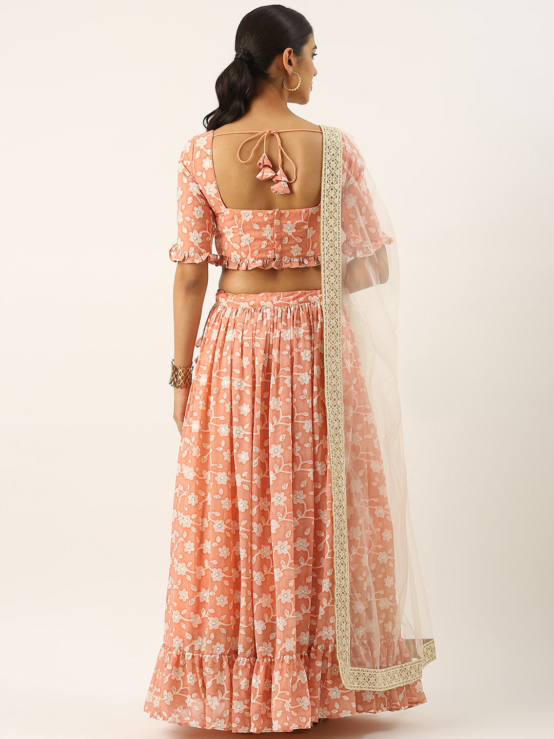 Bollywood Vogue Ready To Wear Peach Embroidered Georgette Lehenga Set - Back View