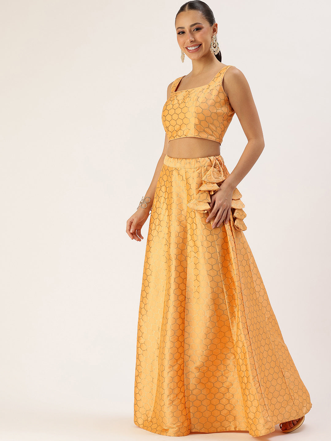 Bollywood Vogue Ready To Wear Peach Jacquard Kali Lehenga - Side View