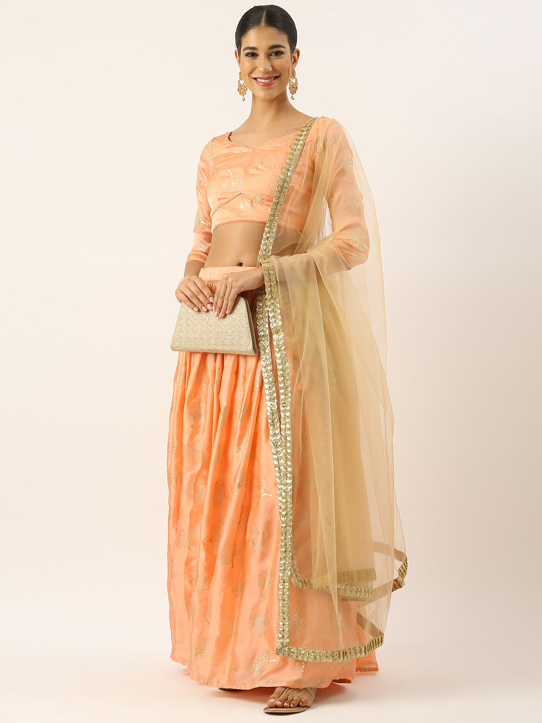 Bollywood Vogue Ready To Wear Peach Foil Printed Georgette Lehenga Set - Additional View 1