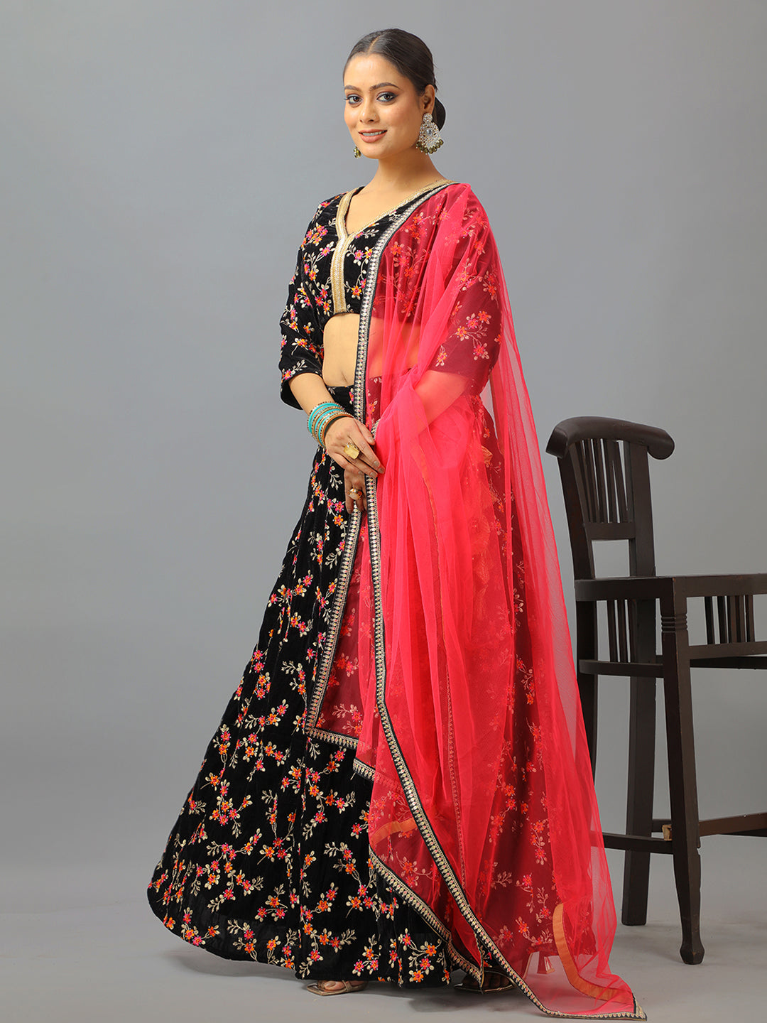 Bollywood Vogue Ready To Wear Black Velvet Embroidered Lehenga Set - Side View