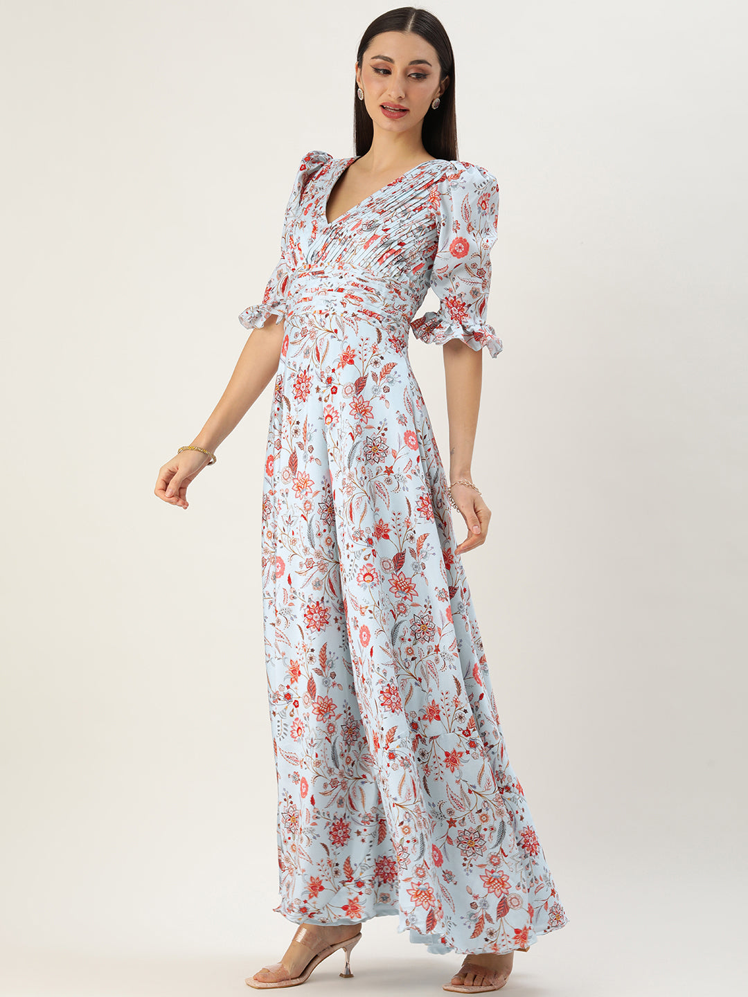 Bollywood Vogue Ready To Wear Pale Blue Lily Art Silk Printed Gown - Side View