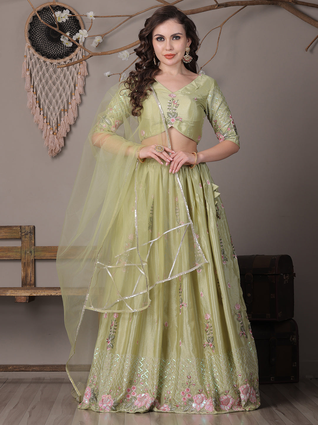Bollywood Vogue Ready To Wear Green Chinon Embroidered Lehenga - Front View