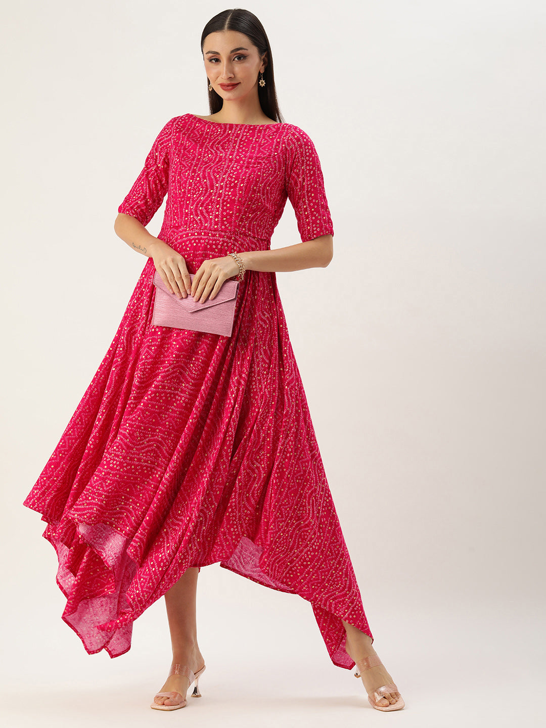 Bollywood Vogue Ready To Wear Pink Bandhani Printed Rayon Dress - Front View