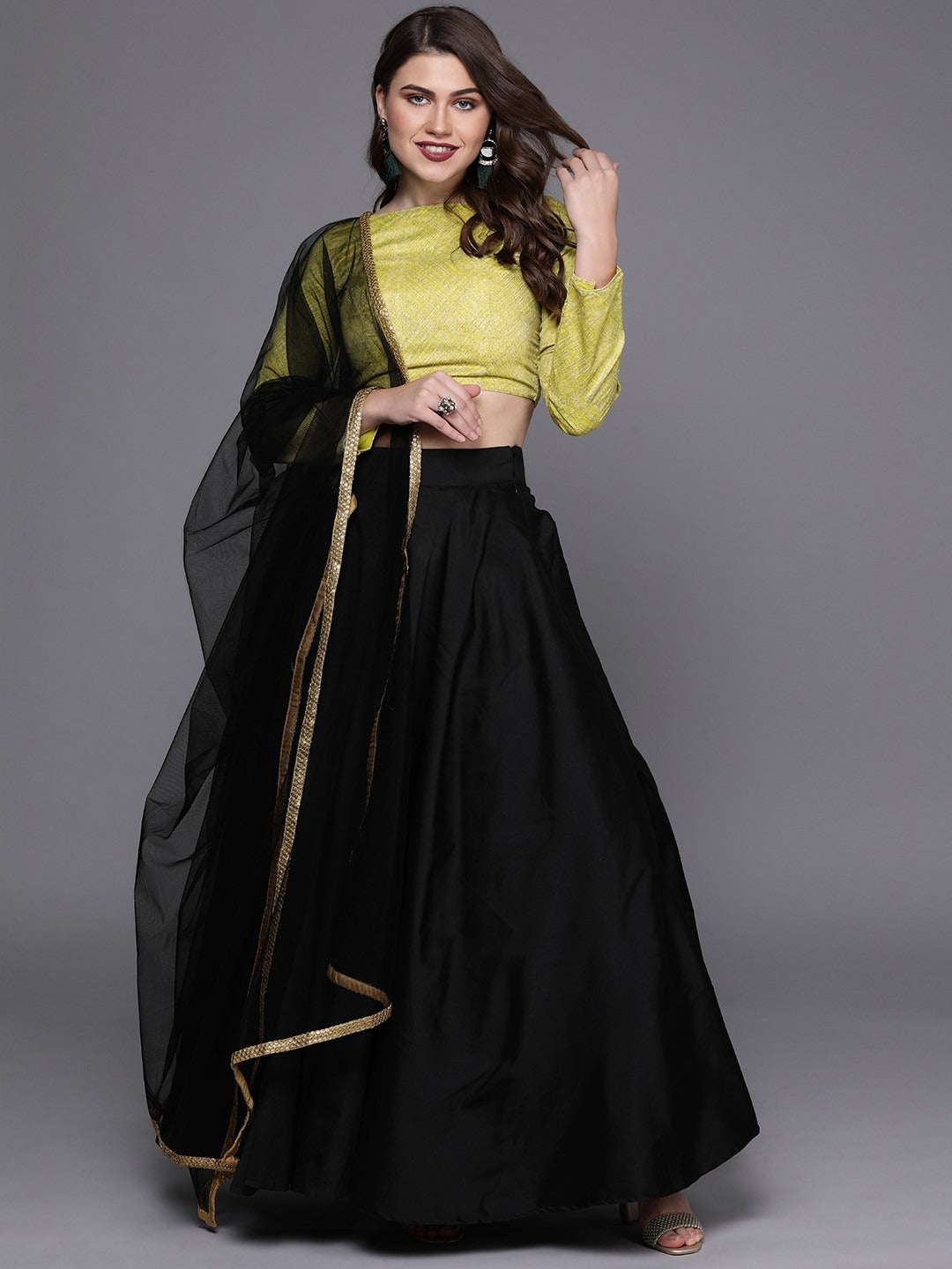 Bollywood Vogue Ready To Wear Ethnovog Green N Black Lehenga - Front View