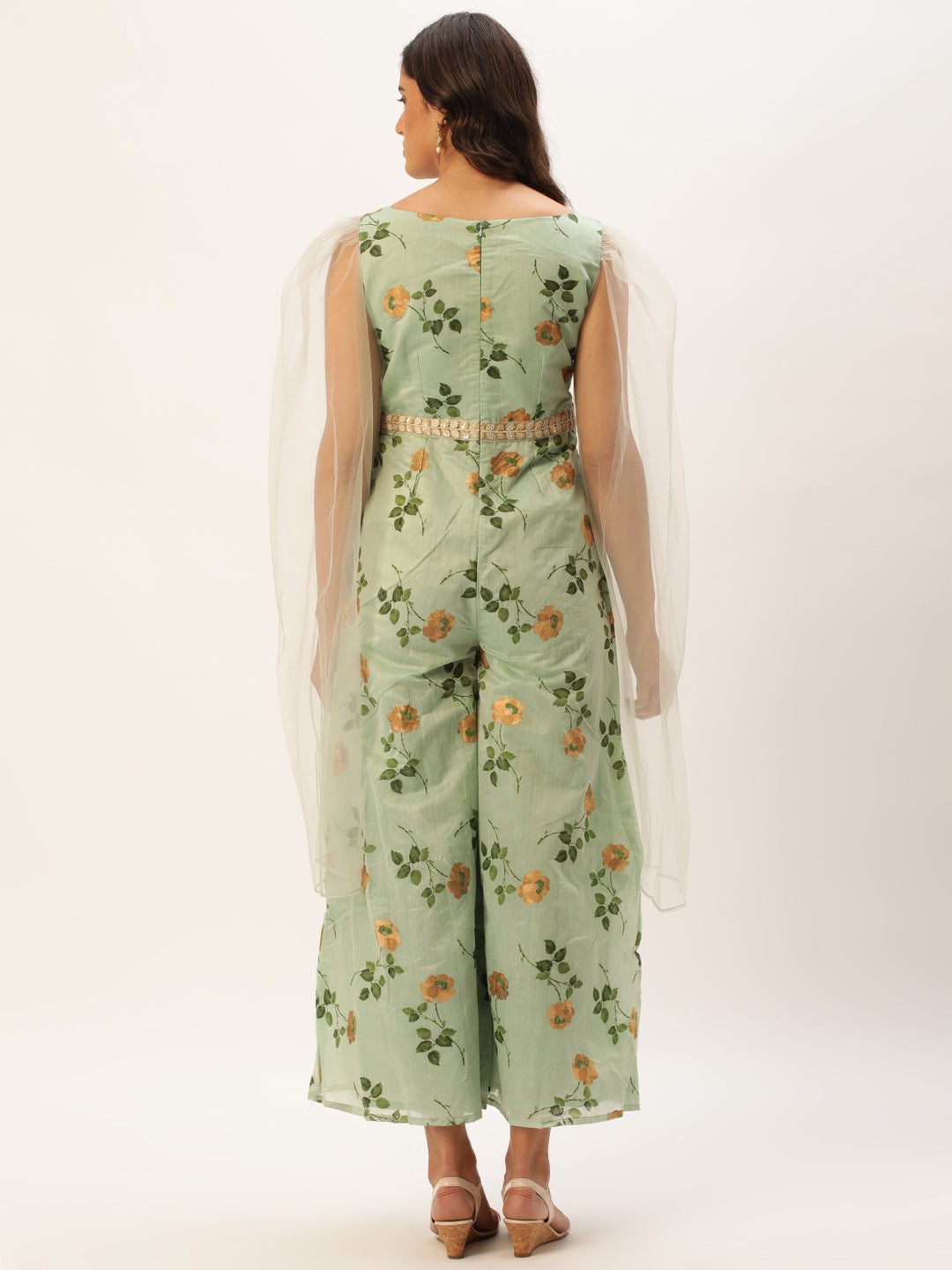 Bollywood Vogue Ready To Wear Green Art Silk Foli Print Jumpsuit - Detail View