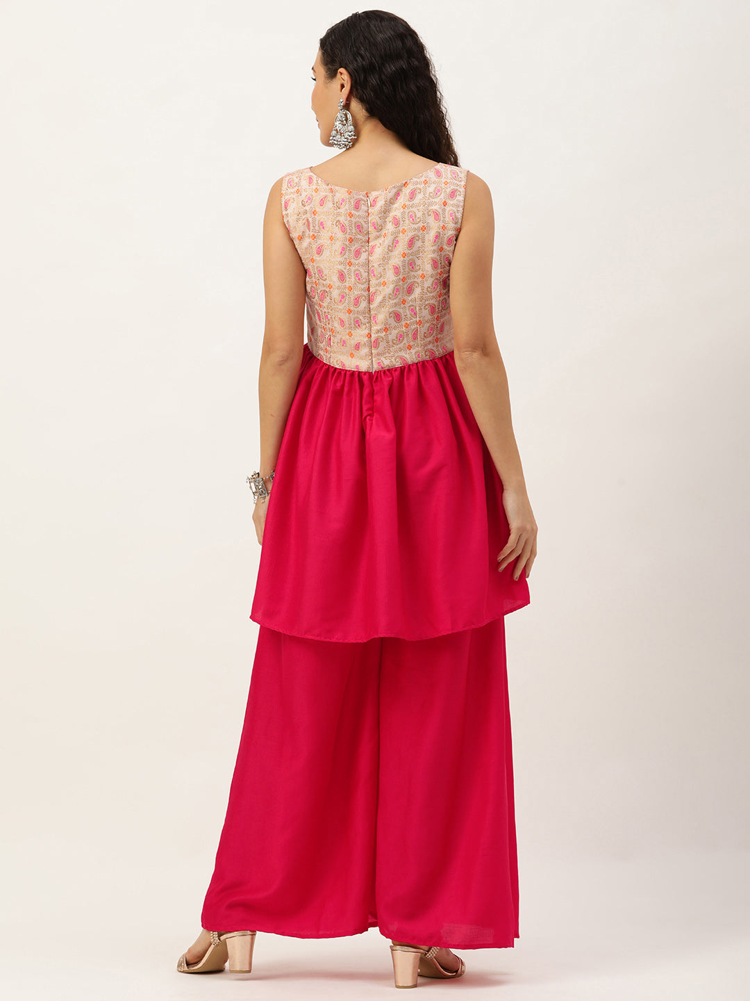 Bollywood Vogue Ready To Wear White Tie N Dye Nylon N Pink Kurta Set - Back View
