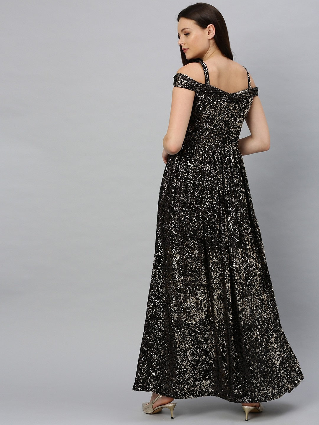 Bollywood Vogue Ready To Wear Black Sequins Strap Neck Gown - Back View