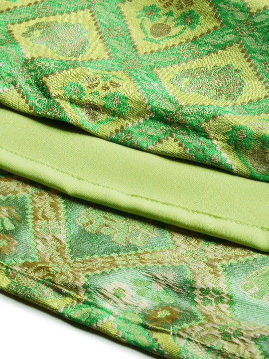 Bollywood Vogue Ready To Wear Green Patola Strap neckline Dress - Detail View