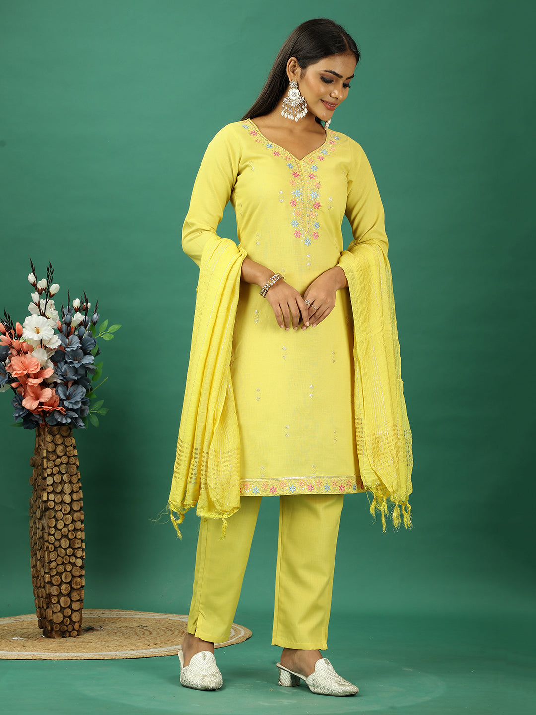 Bollywood Vogue Ready To Wear Yellow Rayon Embroidered Straight Pant Suit - Additional View 1