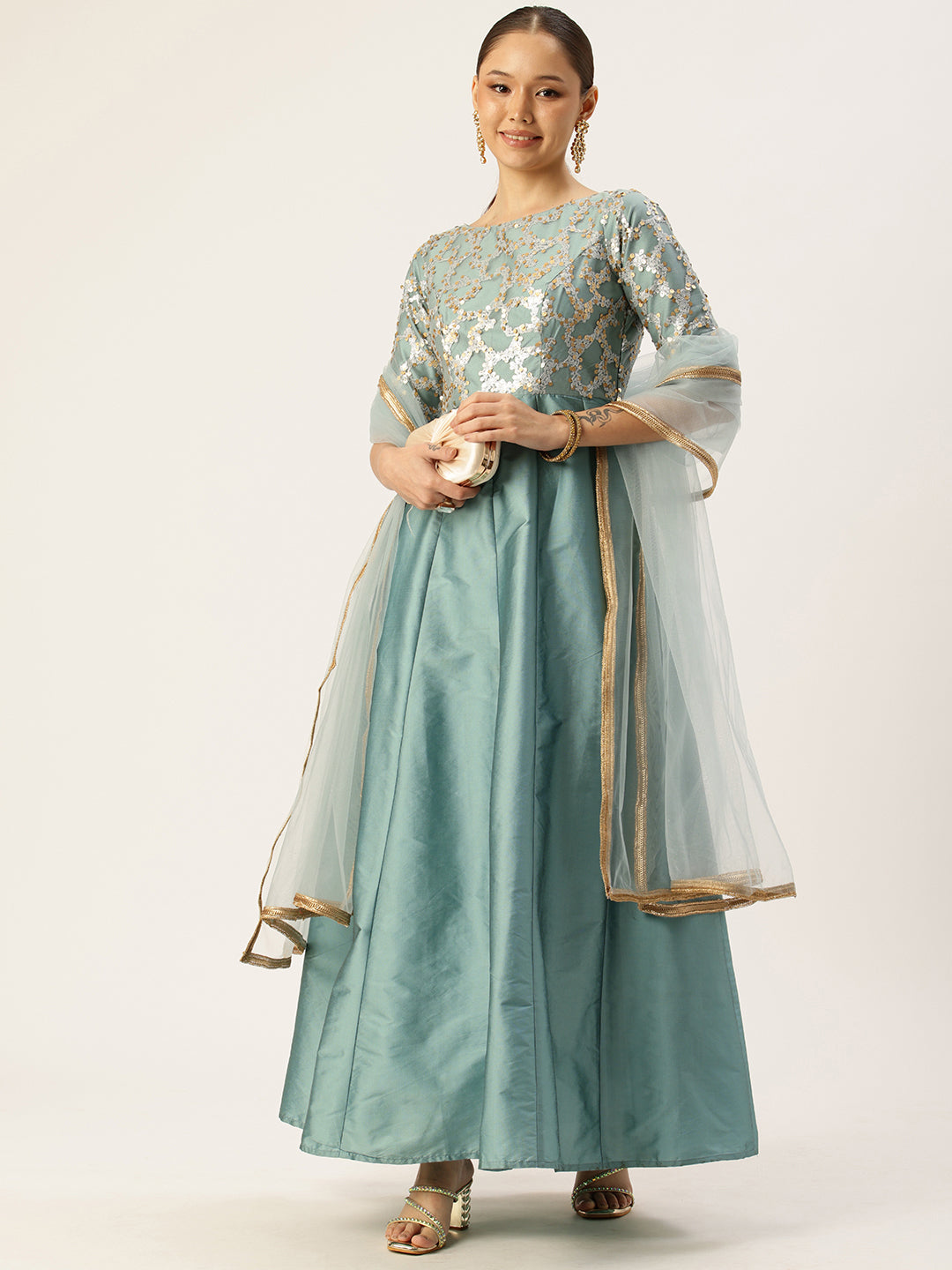 Bollywood Vogue Ready To Wear Blue Embroidered Net Anarkali Suit - Detail View