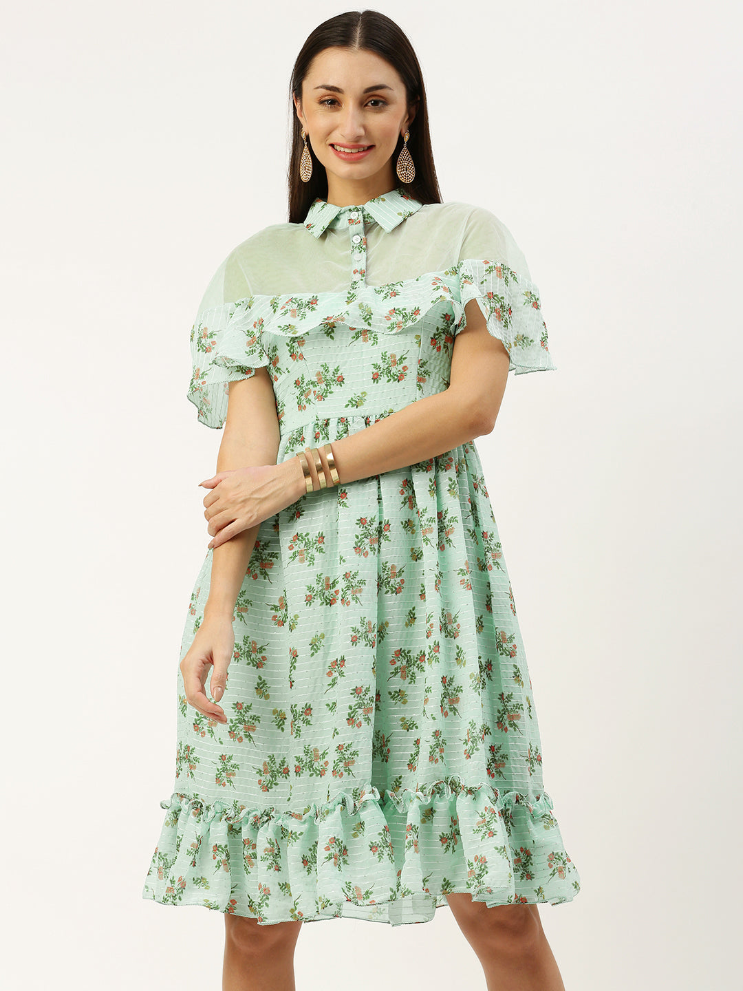 Bollywood Vogue Ready To Wear Mint Green Georgette Digital Printed Dress - Detail View