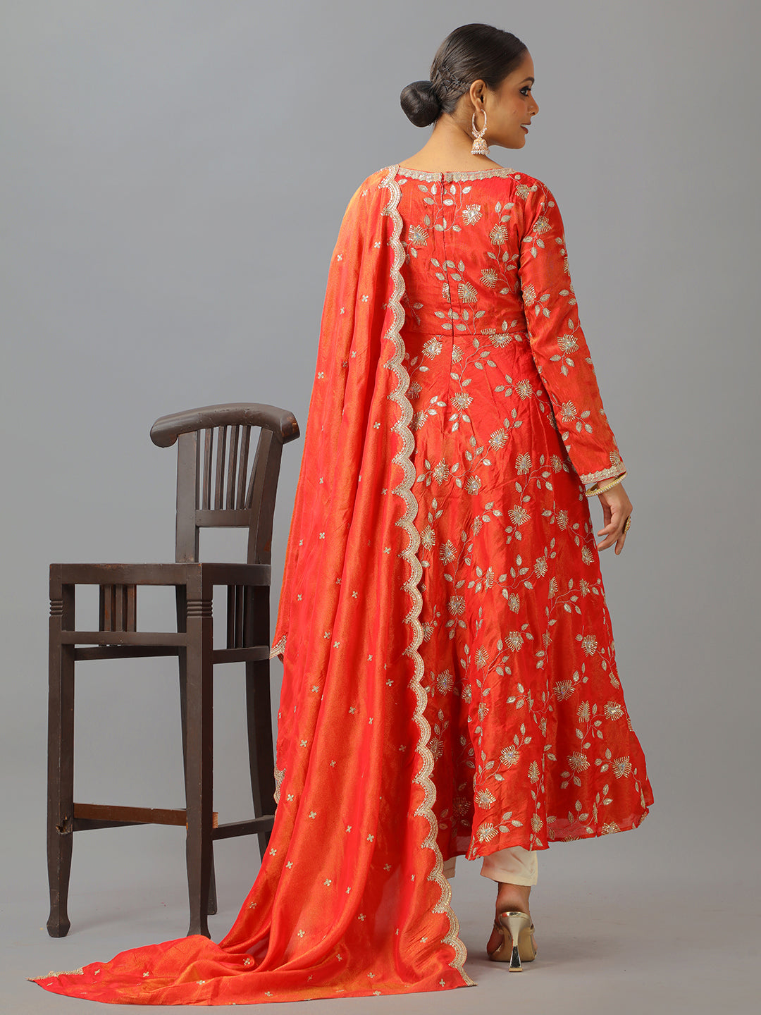 Bollywood Vogue Ready To Wear Red Dual Tone Viscose Embroidered Anarkali Suit - Back View