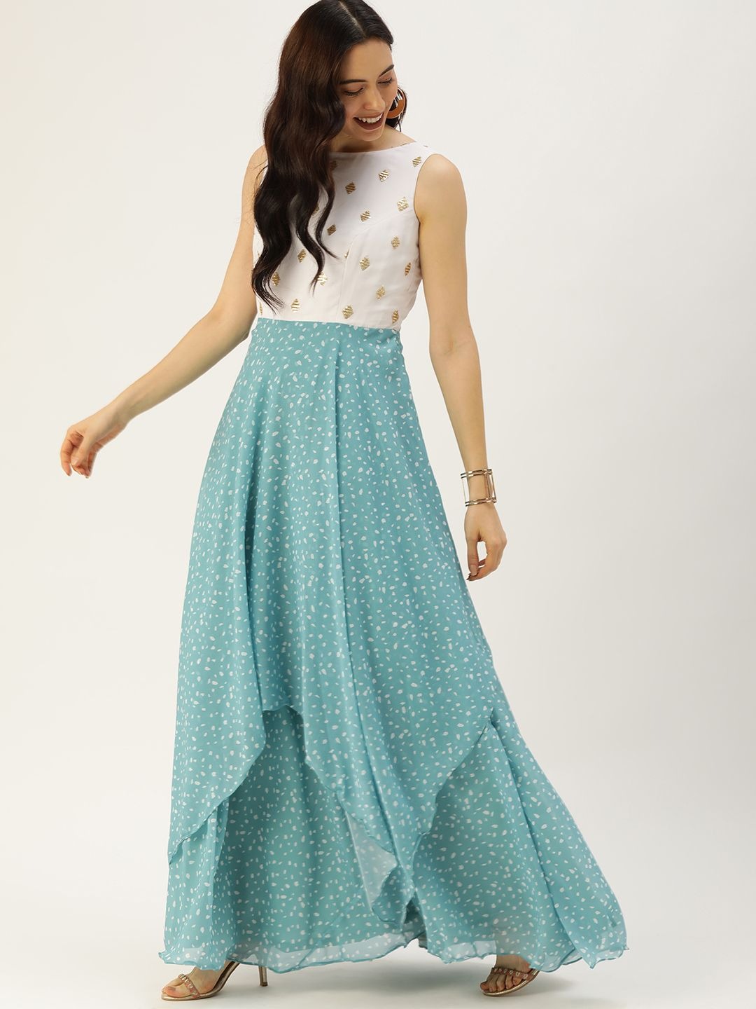 Bollywood Vogue Ready To Wear Blue N White Georgette Handkerchief Style Gown - Additional View 2