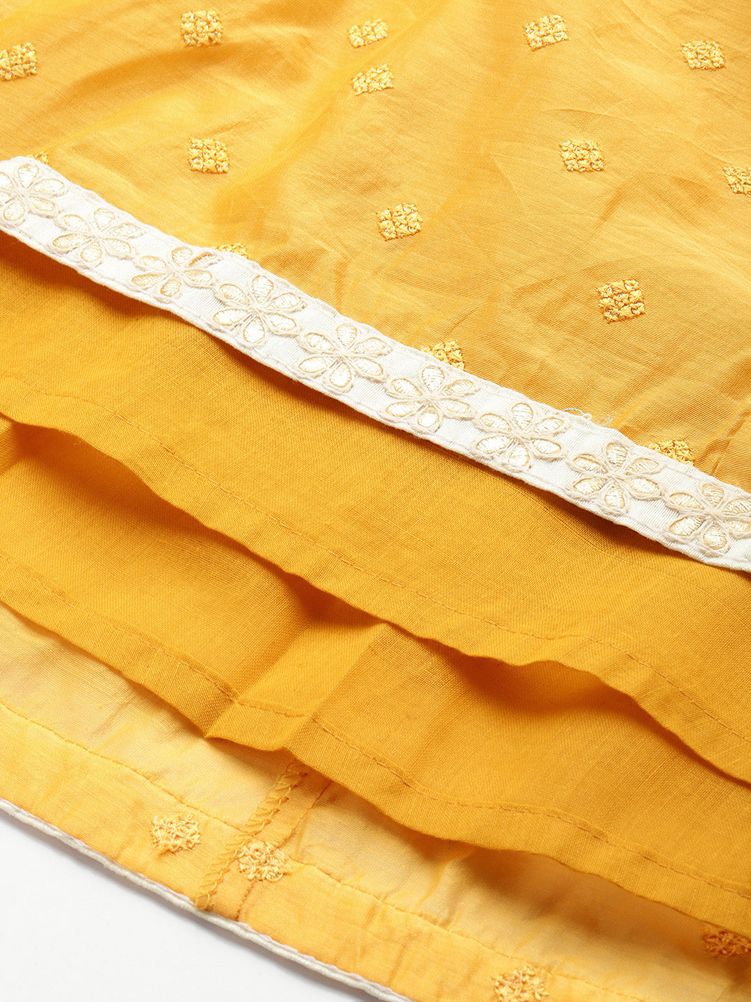 Bollywood Vogue Ready To Wear Off White N Mustard Embroidered Cotton Lehenga Set - Additional View 1