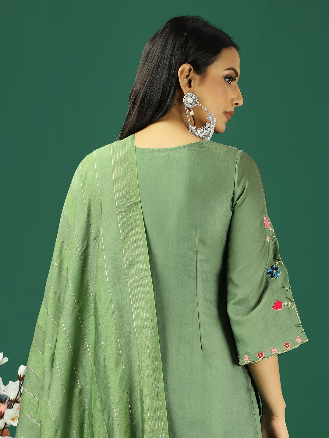 Bollywood Vogue Ready To Wear Green Art Silk Embroidered Straight Pant Suit - Look Shot