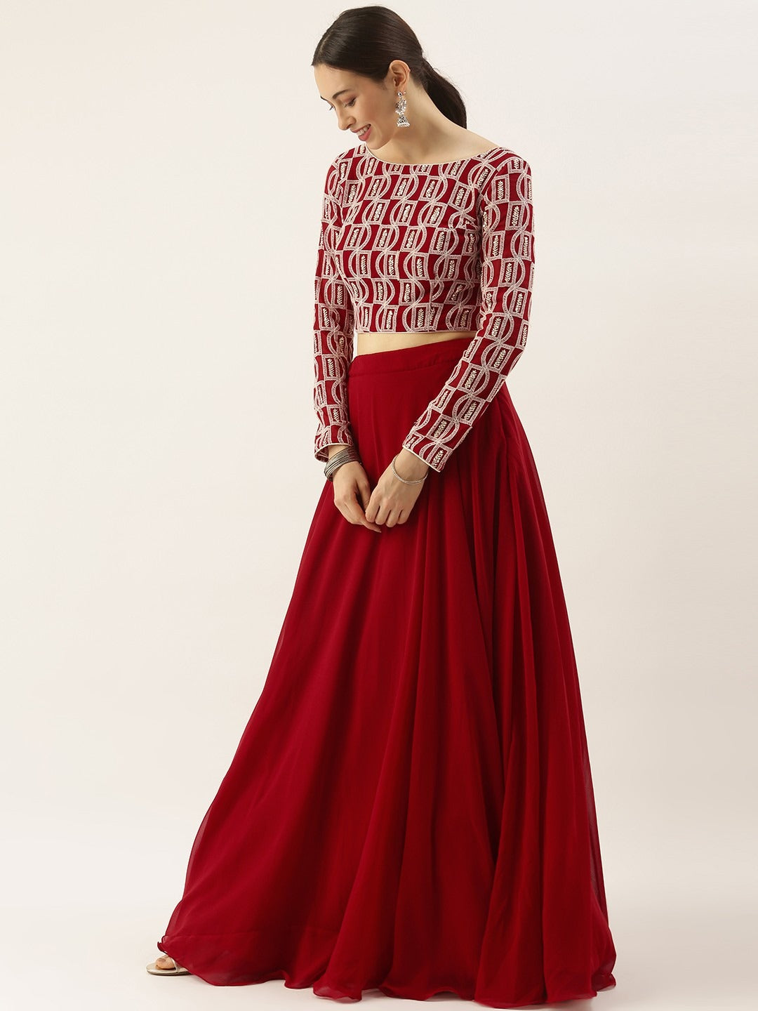 Bollywood Vogue Ready To Wear Maroon Georgette Embroidered Boat Neck Lehenga - Side View