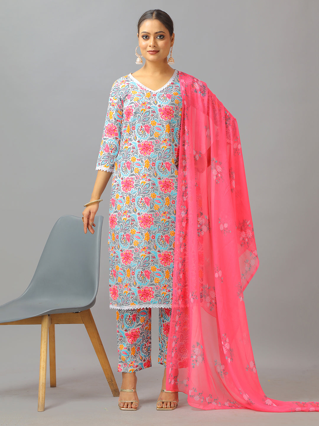 Bollywood Vogue Ready To Wear Multicolor Rayon Printed Straight Pant Suit - Front View
