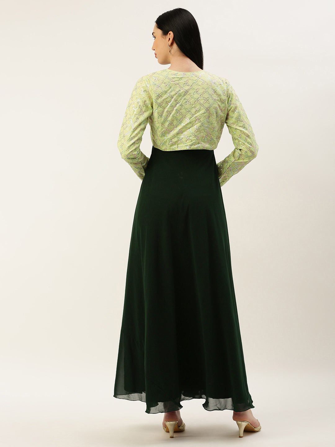 Bollywood Vogue Ready To Wear Green Cotton Embroidered Jacket Style Gown - Side View