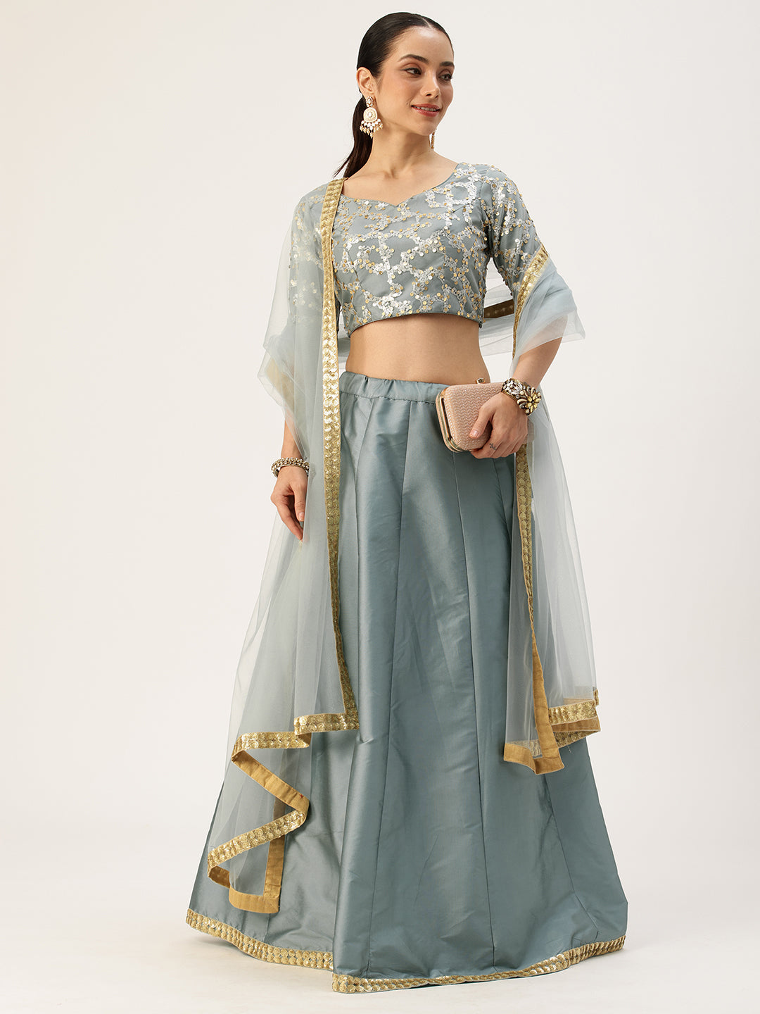 Bollywood Vogue Ready To Wear Blue Embroidered Net And Taffeta Kali Lehenga Set - Look Shot