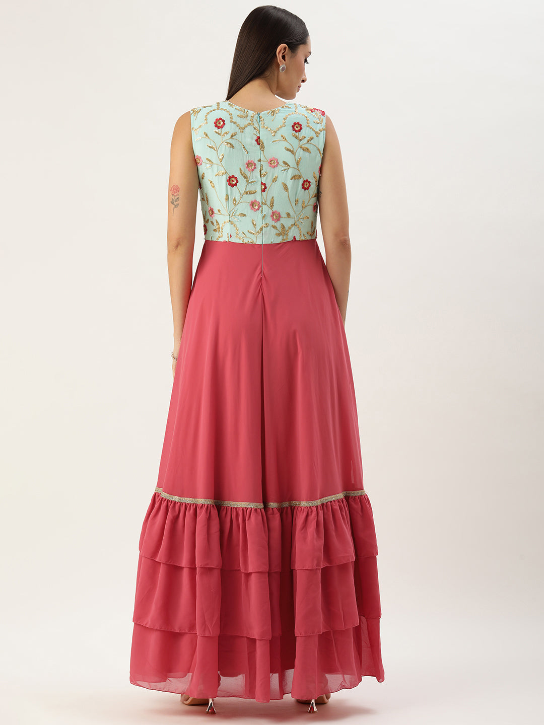Bollywood Vogue Ready To Wear Blue Chinon N Pink Georgette Gown - Back View