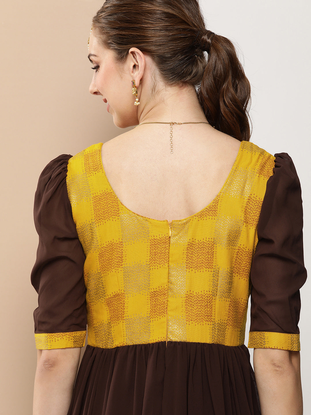 Bollywood Vogue Ready To Wear Yellow Rayon N Brown Georgette Gathers Dress - Detail View