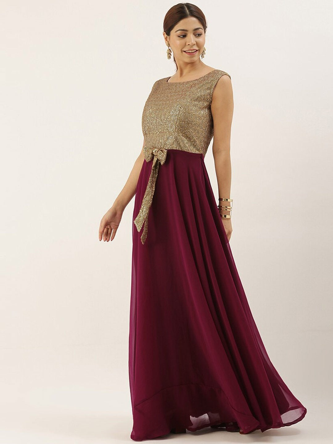 Bollywood Vogue Ready To Wear Gold Sequins N Purple Georgette Flared Gown - Look Shot