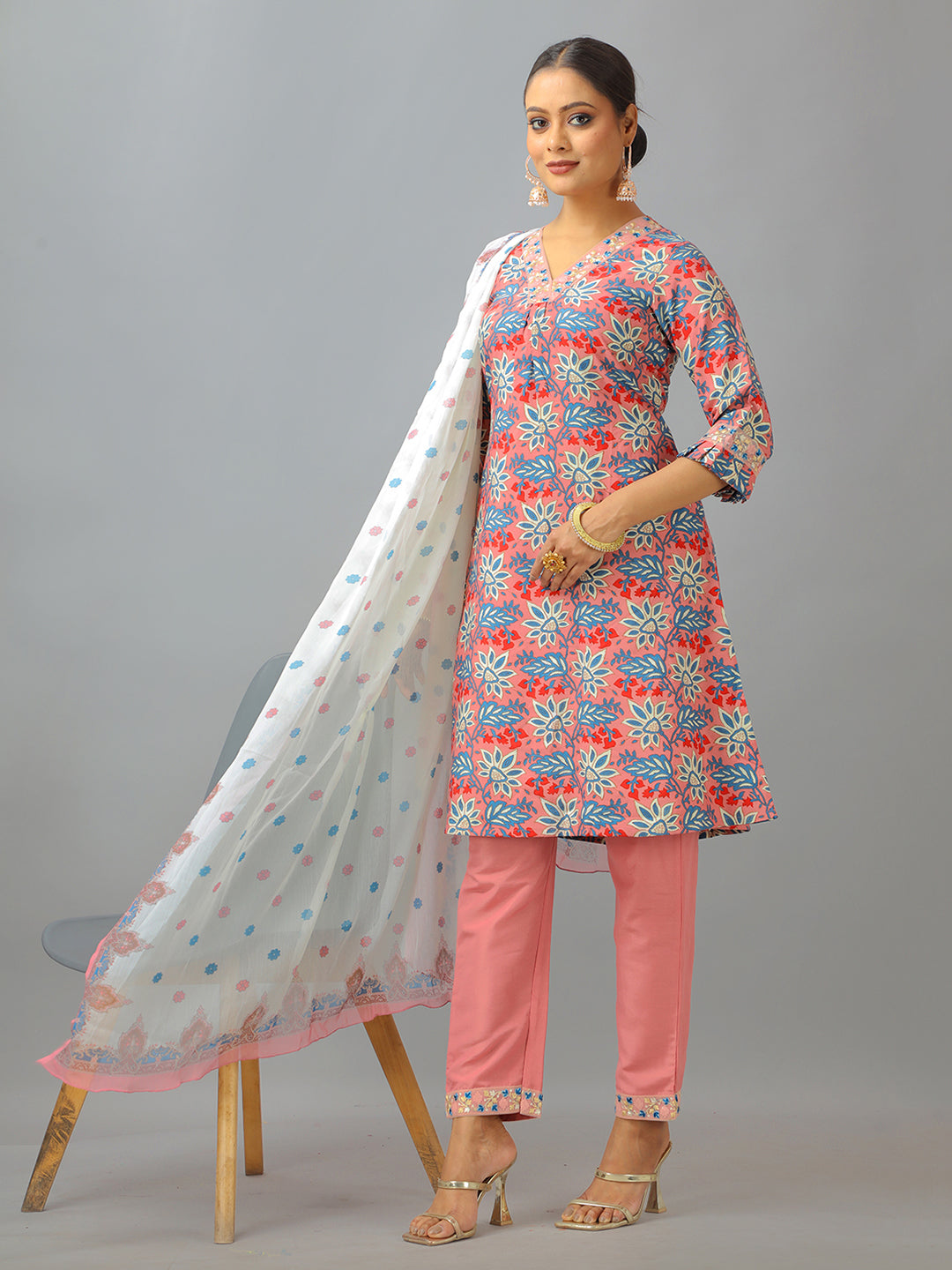 Bollywood Vogue Ready To Wear Multicolored Semi Cotton Printed Straight Pant Suit - Front View