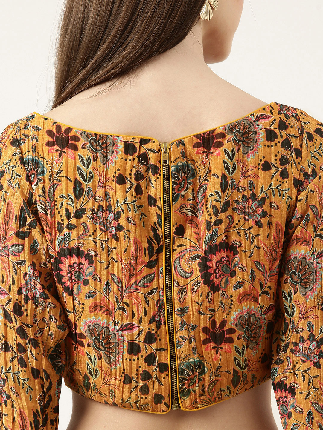 Bollywood Vogue Ready To Wear Yellow chinon Foil Printed Skirt Set - Back View
