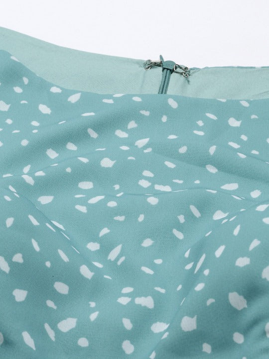 Bollywood Vogue Ready To Wear Blue N White Digital Printed Georgette Tiered Dress - Detail View